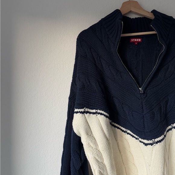 Staud Navy & Cream Half-Zip Cable Knit Sweater - Picture 9 of 12